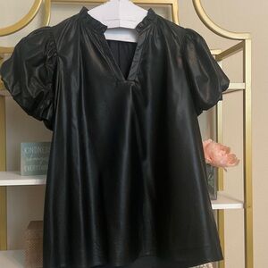 Entro Black Faux Leather Puff Sleeve Blouse